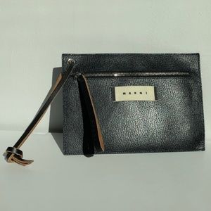 MARNI NAVY LEATHER ZIP CLUTCH POCHETTE WRISTLET